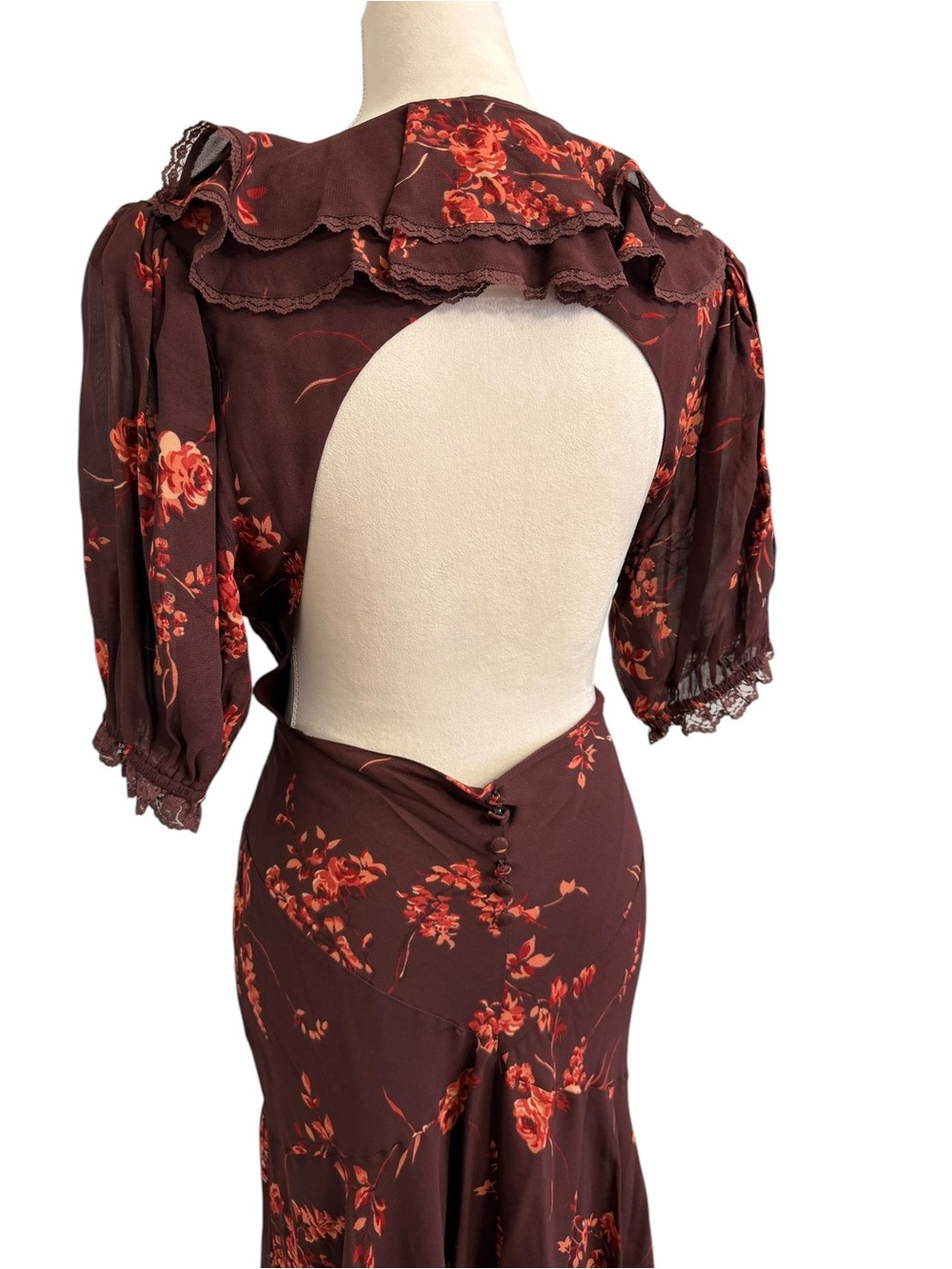 Reformation Evra Lace Georgette Burgundy Maxi Dress with Rust Floral Print - Picture 12 of 13